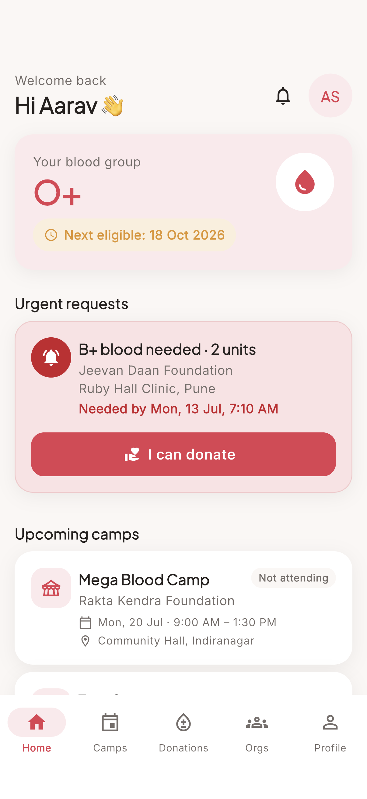 Rakt Suvidha donor home screen showing blood group, next eligible date, an urgent B+ request, and upcoming camps